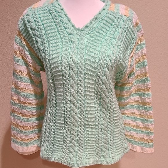 Handcrafted Sweaters - Vintage Mint Green Cable Knit V-Neck Sweater